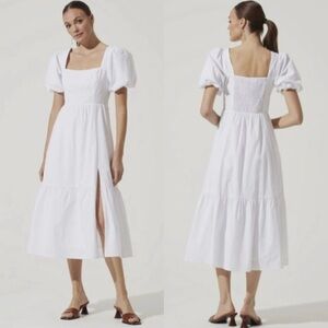 ASTR The Label Women’s Cotton Poplin Tiered Midi Dress Puff Sleeve White Size XS
